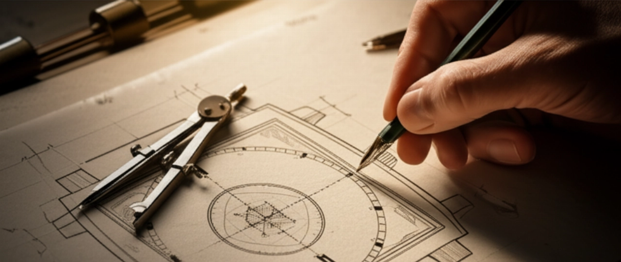 Una mano caucasica che lavora con precisione su un disegno tecnico d'epoca, con dettagli iperrealistici e luce naturale.