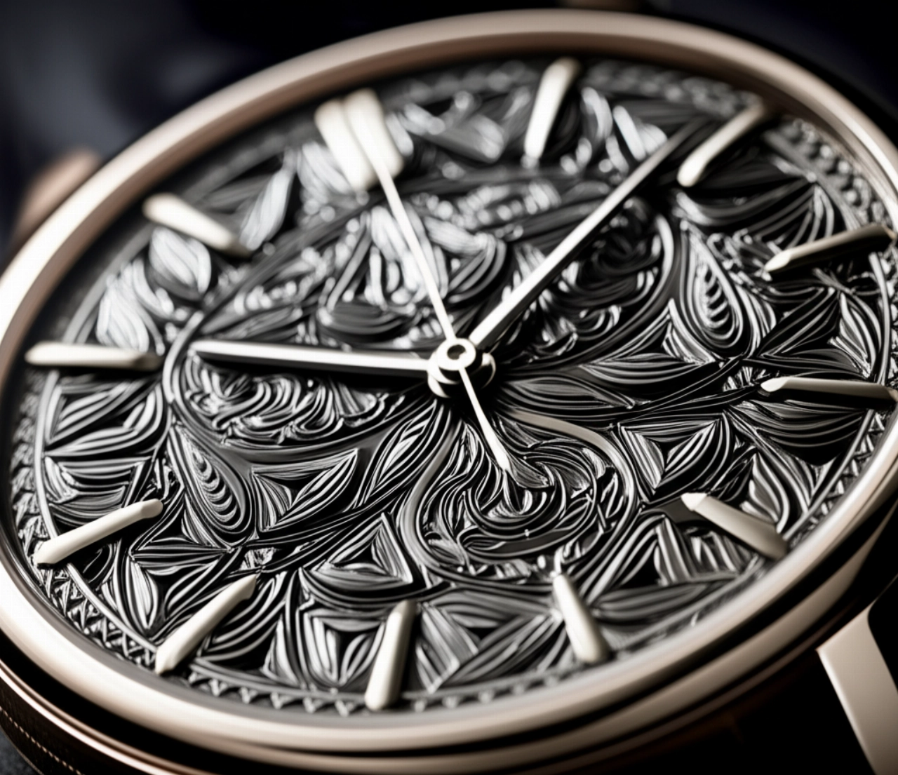 Un quadrante di orologio di lusso con un intricato motivo guilloché, che mostra la texture tridimensionale e i dettagli fini.