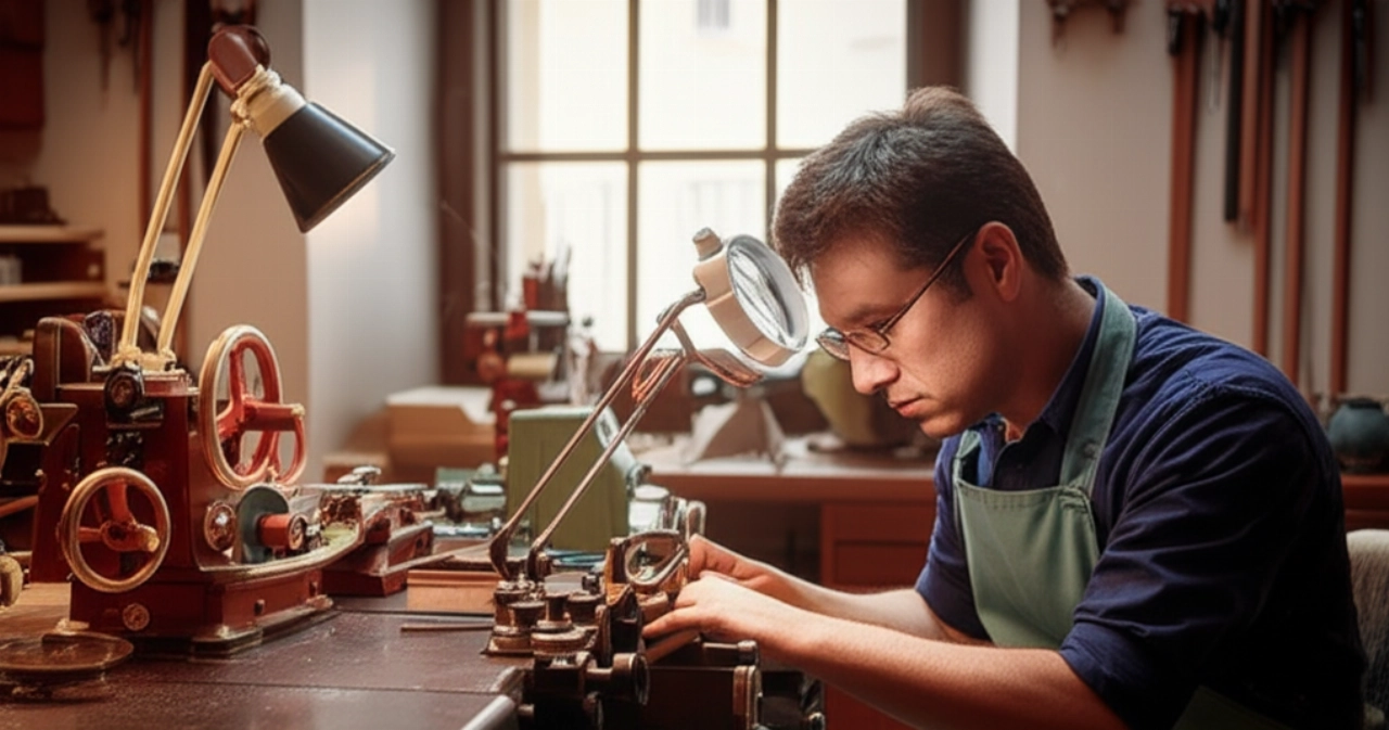 Interno di un laboratorio tradizionale di guilloché, con un artigiano caucasico che esamina un pezzo finito e attrezzi d'epoca sullo sfondo.