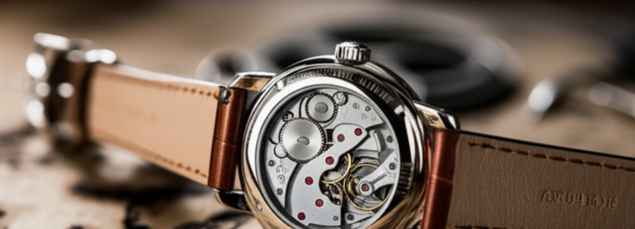 Orologio meccanico classico con fondello trasparente su un'antica planimetria di orologeria.