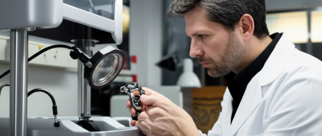 Orologiaio caucasico concentrato mentre esegue un test di pressione su un orologio di alta gamma in un laboratorio moderno.