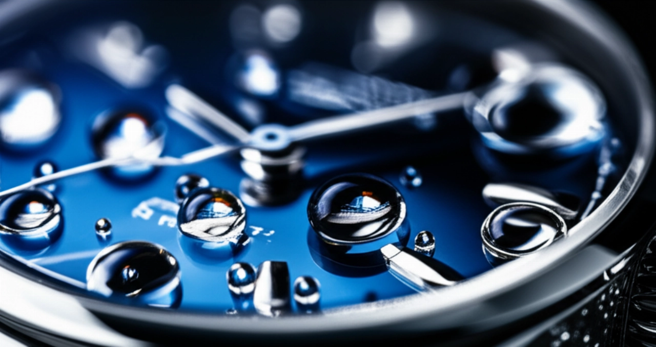 Primo piano iperrealistico di un orologio sofisticato con goccioline d'acqua perfette sul vetro zaffiro e sulla cassa metallica lucida.