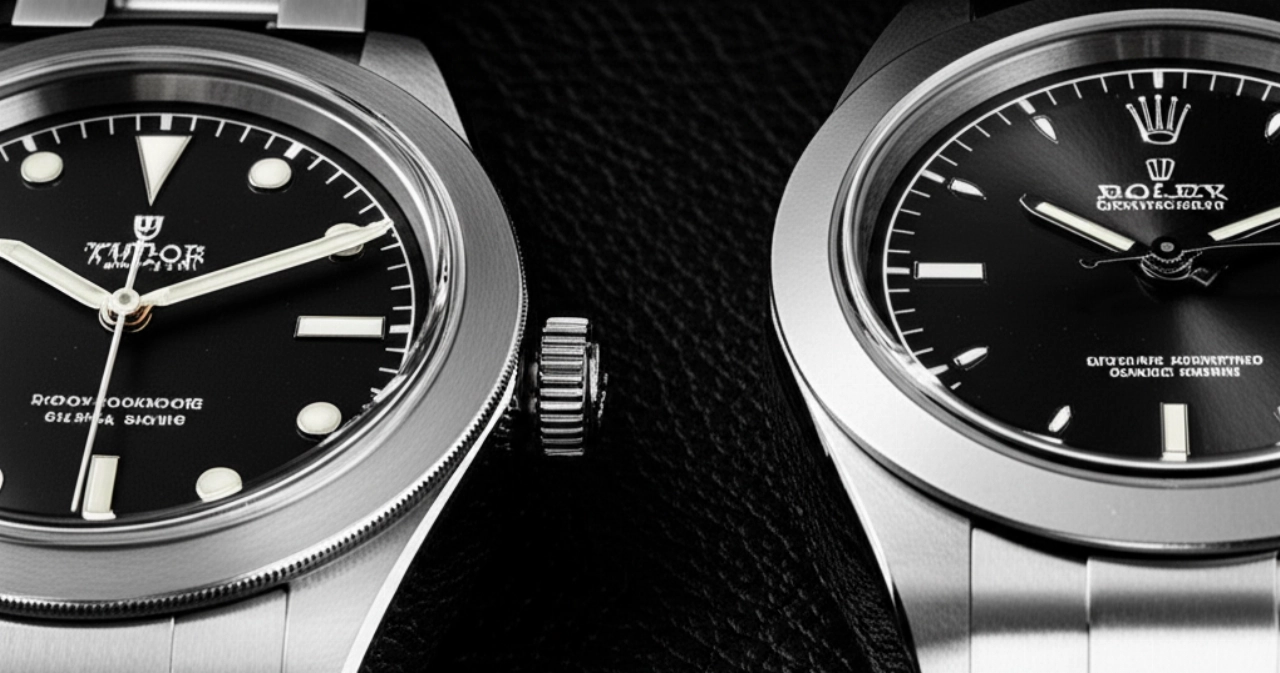 Macro fotografia iperrealistica di due orologi di lusso, uno in stile Tudor e uno in stile Rolex, affiancati su una superficie di pelle nera, con dettagli estremi.