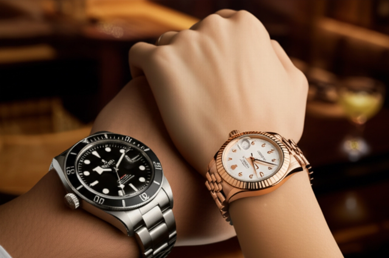 Scena iperrealistica con i polsi di due individui caucasici, uno con un orologio sportivo in stile Tudor e l'altro con un orologio elegante in stile Rolex, in un ambiente di lusso.