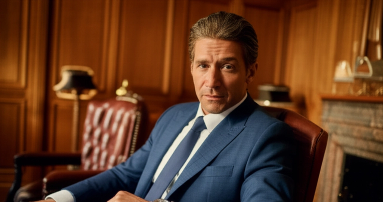 Ritratto iperrealistico e cinematografico di un sofisticato uomo caucasico in un elegante studio privato, con un orologio di lusso al polso, immerso in un'atmosfera calda e raffinata.
