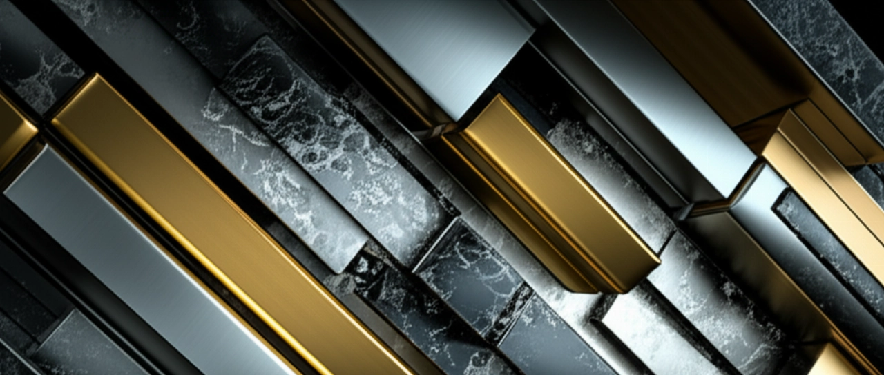 Composizione iperrealistica e astratta di elementi architettonici in ottone lucidato, acciaio spazzolato e marmo scuro, che creano motivi geometrici intricati che richiamano movimenti di orologi di alta precisione.