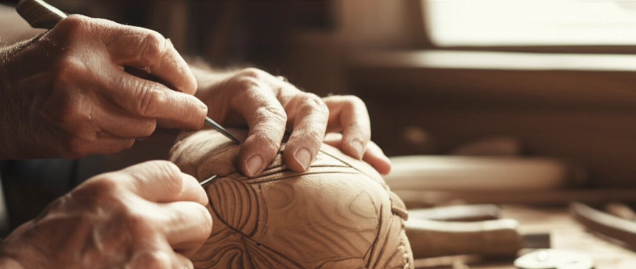 Le mani esperte di un artigiano caucasico creano un pezzo unico intagliato nel legno, simboleggiando la maestria e il valore intrinseco dell'artigianato.