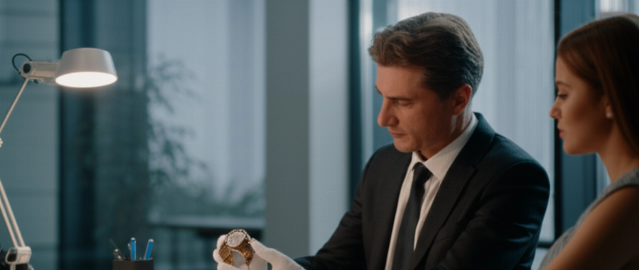 Un perito caucasico esamina meticolosamente un orologio di lusso, mentre una cliente caucasica lo osserva con attenzione in un ufficio professionale e ben illuminato, catturando un momento di valutazione e fiducia.