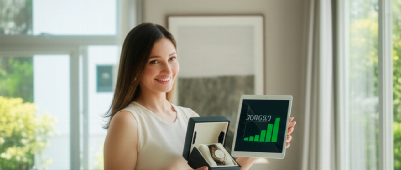 Una donna caucasica sorride con sicurezza mentre tiene una scatola di orologi di lusso e guarda un tablet con un grafico finanziario positivo, in un moderno salotto, esprimendo soddisfazione per un investimento intelligente.