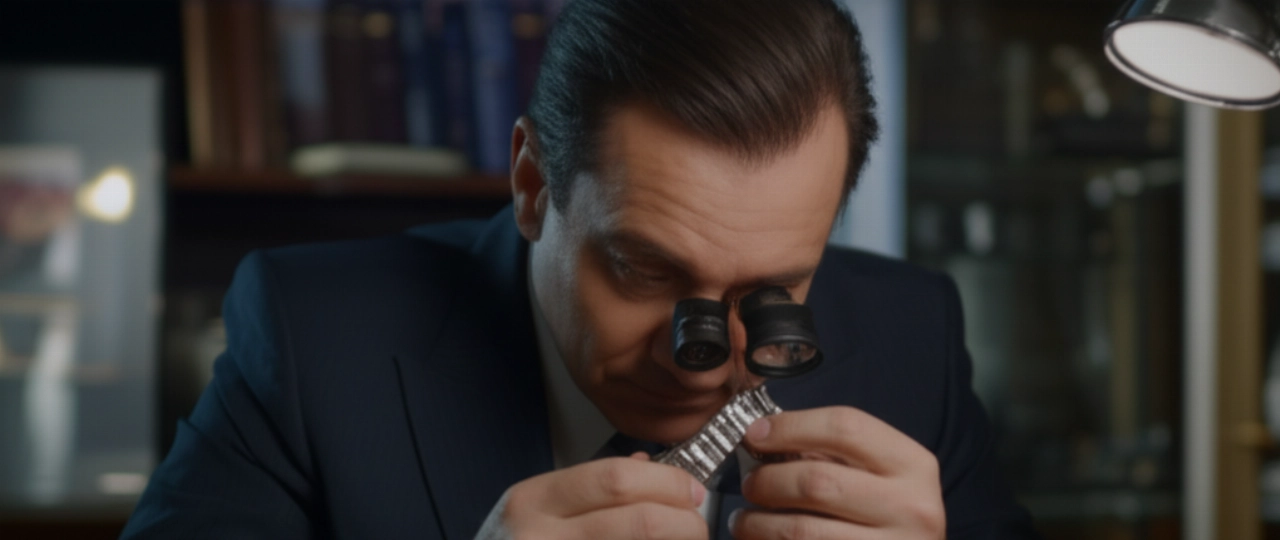 Ritratto iperrealistico di un esperto orologiaio caucasico, concentrato nell'esaminare un orologio di lusso usato con una lente d'ingrandimento, seduto a una scrivania elegante in un ufficio di valutazione.