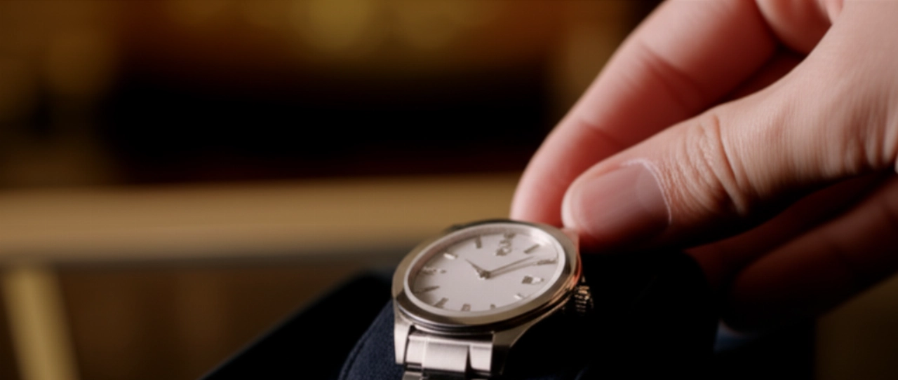 Primo piano iperrealistico di una mano caucasica che posa delicatamente un orologio usato di alto valore su un cuscino di velluto scuro, in un ambiente lussuoso che ne suggerisce la cura e il valore.