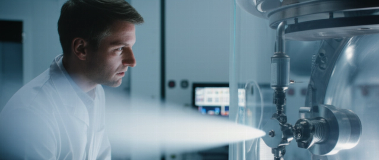 Ingegnere caucasico in un laboratorio futuristico che osserva il rilascio controllato di elio da un dispositivo ad alta tecnologia.