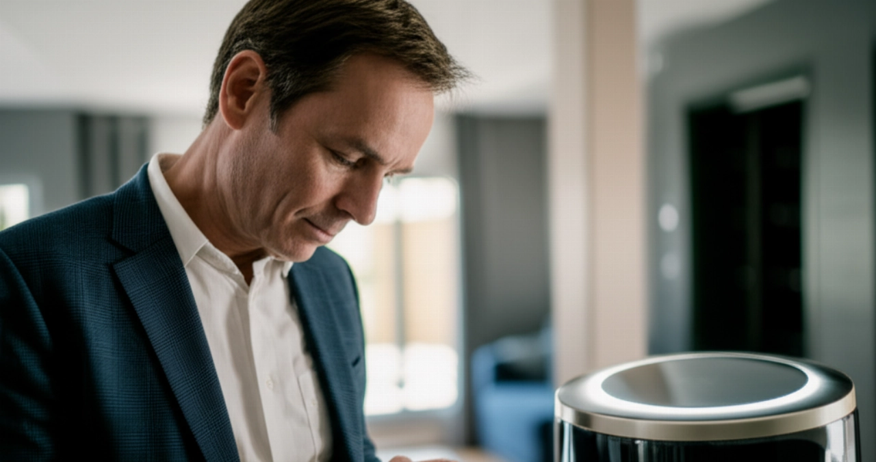 Un uomo caucasico pensieroso osserva un orologio automatico davanti a un watch winder moderno.