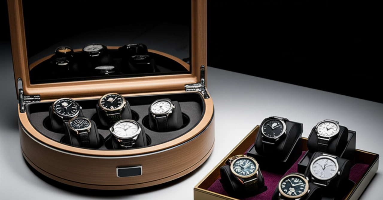 Una collezione di orologi automatici di lusso, alcuni in un watch winder, pronti per essere indossati su un vassoio di velluto.